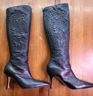Manolo Blahnik Black Embroidered Knee-High Boots 6.5